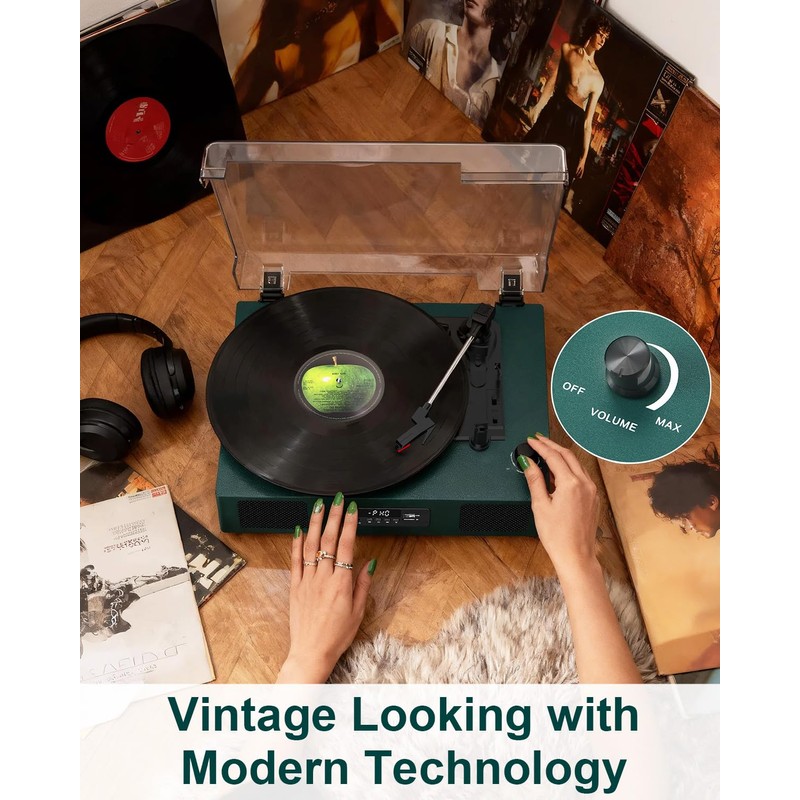 Vinyl Record Player with Built-in Speakers, USB Recording, Dark Green