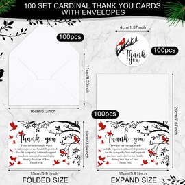Motiskyy 100 Sets Funeral Thank You Cards with Envelopes and Stickers, Cardinal Bird Branch Folded Sympathy Notes for Memorial Service, Bereavement, Celebration of Life, Family Loved Ones
