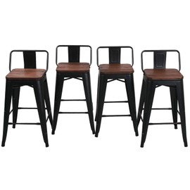 HAOBO Home 26" Low Back Metal Counter Stool Height Bar Stools with Wooden Seat [Set of 4] Barstools, Matte Black