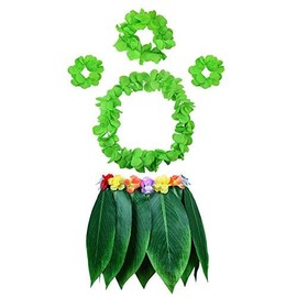 HANGNUO 5 PCS Hula Skirt Hawaiian Costume Set with Green Leaves Necklace Bracelets Headband, Luau Party Favors for Adults Women and Men