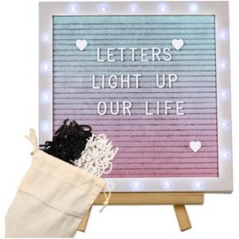 Gradient Felt Letter Board Sign with LED Lights, 10in × 10in Changeable Message Board with Wood Frame 470 Black & White Pre-Cut Letters for Christmas Gifts Baby Showers Wedding Party Decor