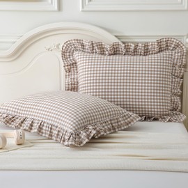 Aryeleay 2 Pack Taupe White Plaid Gingham Ruffle Pillow Shams Standard Size 26x20 inches, 100% Washed Cotton Checkered Farmhouse Pillow Covers for Bed/Sofa (20x26 inches,Taupe/White Plaid)