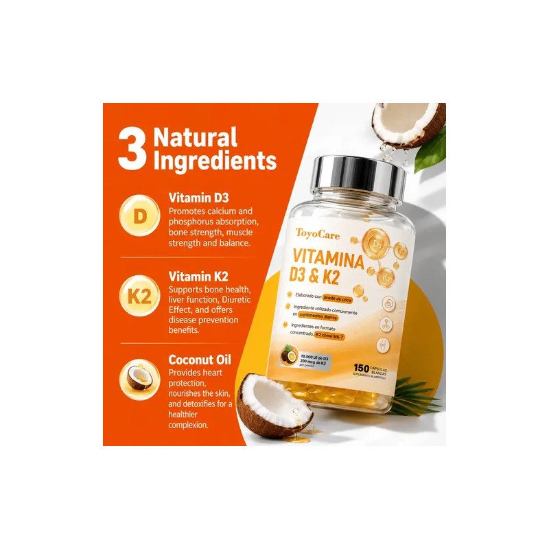 Toyocare Suplemento De Vitamina D3 Y K2 Mk-7, 150 Cápsulas