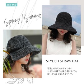 $ole only Straw Hat, Ribbon, Wire Included, Straw Hat, Adjustable Size, Spring and Summer, Black, Brown, Khaki, Cute, Stylish, Bucket Hat, Bucket Hat, Black, 56.0-59.0 cm