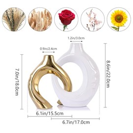 LCCCK Jarrones de cerámica blanco y dorado para decoración del hogar, jarrón bohemio para flores y hierba de pampas decorativa, jarrón pequeño hueco de dona blanco y dorado para mesa de sala de estar