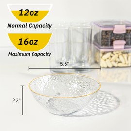 I00000 50 Pack 12-16 Ounce Clear Plastic Bowls Hammered Gold Rimmed Crystal Like, Heavy duty Disposable Bowl Set,Elegant Soup/Salad/Dessert/Ice Cream Bowls For Party, Weddings, Catering