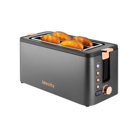 Mecity 4 Slice Toaster, Long Slot Toaster With Warming Rack, Timer, Bagel, Defrost, Reheat Functions, Crumb Tray, 6 Browning Settings, Extra Wide Long Slots, Stainless Steel, 1300W, Grey