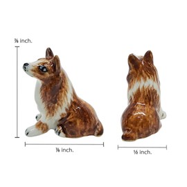 ChangThai Design Tiny ⅞ Inch Sitting White Brown Rough Collie Dog Figurine - Miniature Hand Made Painted Ceramic Longhair Herding Dogs Puppy Animals Porcelain Decorative Collectible Figurines Décor