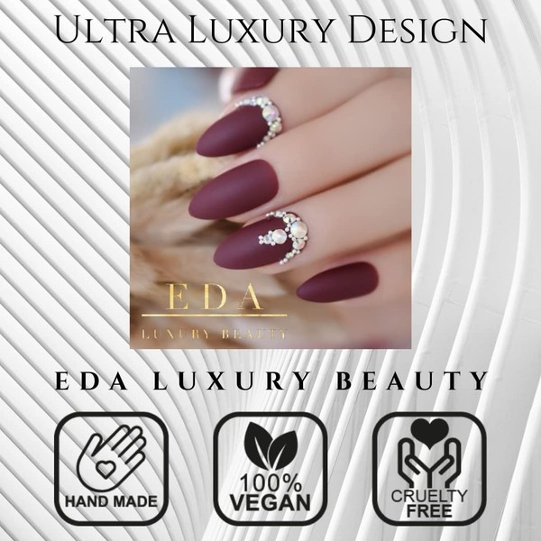 EDA LUXURY BEAUTY Dark Red Burgundy Matte 3D Luxe Crystal Design Press On Nails Full Cover Acrylic Nail Kit Glue On False Nails Extra Long Round Almond Stiletto Nail Art Tips Fashion Fake Nails Set