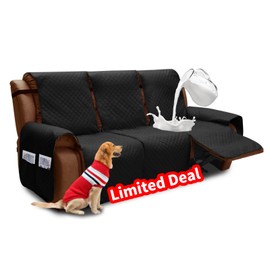 XINEAGE Water Resistant Recliner Cover, 3 Seat Sofa Covers with Pockets, Quilted Thick Protector Cover for Dog Pets with Non Slip Backing and Strap (Black)