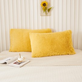 Memfydu Faux Fur Fluffy Pillowcases, Yellow Plush Shaggy Velvet Standard/Queen Size Pillow Cover Set of 2, Zipper Closure (20"x26", Yellow)
