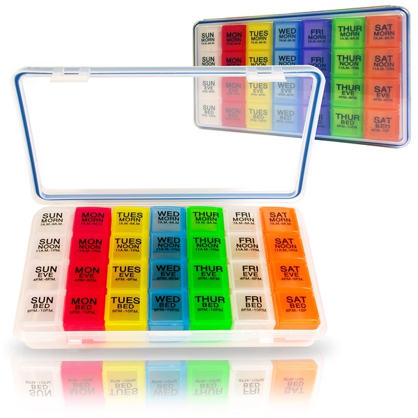GMS Gasketed 7-Day 4-Times-a-Day Pill Organizer for Vitamins, Pills, and Supplements - BPA-Free & Waterproof with Daily, Removable, Multi-Colored Tablet Boxes
