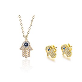 2 Pcs Set Gold White Gold Plated Evil Eye and Hamsa Hand Earrings Necklace of Fatima White Blue Cubic zircon crystal Stud For Women - Gold