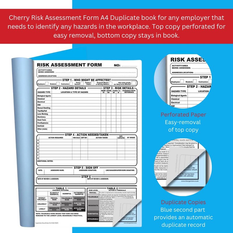 Cherry Carbonless NCR Risk Assessment Form Duplicate Book A4 50