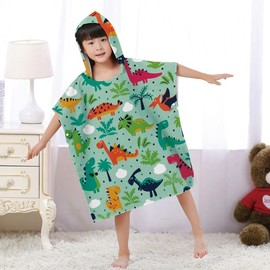 Dinosaur Bathrobe Kids Beach UV Protection Hooded Cloak Beach Robe Changing Towel Sarangs 1 9+Inner Button 65*75cm 4ea