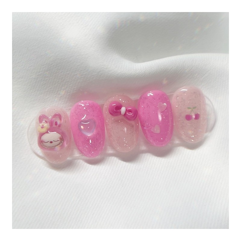 [Handmade Nail Tips] Pink Laburabu Nail Tips - Long Oval
