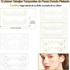 12Pcs Tatuajes Temporales de Pecas+3Pcs Clavícula Temporales de Glitter Dorada Plateado, Cara Glitter Parches de Maquillaje Impermeable, Tatuajes Temporales para Mujer Festivales y Fiestas