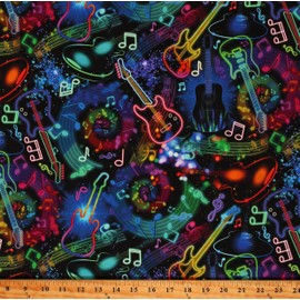 TIMELESS TREASURES Cotton Neon Music Notes & Guitars Musical Instruments Black Cotton Fabric Print by The Yard (MUSIC-CD2978-BLACK)