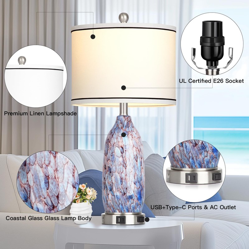 Coastal Lamps with USB A+C Ports & LED Night Light,
