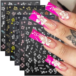 6pcs 3D Flower Nail Stickers for Nail Art Colorful Hibiscus Flowers Nail Art Stickers Floral Nail Decals White Flower Stickers for Nails Women Nail Supplies Spring Nail Decorations Nail Accessories