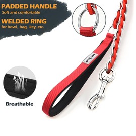 S-ETOVUS Dog Leash Chew Proof, Chain Leash Anti Chew Dog Leash for Large Dogs Heavy Duty, Indestructible Metal Leash Anti Bite Chain Link with Woven Cord Soft Padded Handle (Red, 4FT)