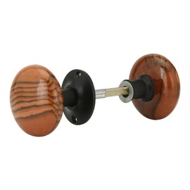 A29 Porcelain Rim Lock Door Knob Set – 2 1/4" Diameter – 2 Brown Knobs with Black Powder Coat Finish, 1 Spindle, 1 Rosette, Mounting Hardware – Vintage Style Rim Lock Hardware for Interior Doors