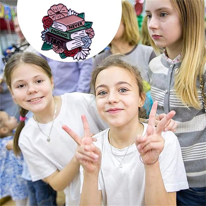 Book Brooch & Flower Enamel Pins - Never Ending Fun