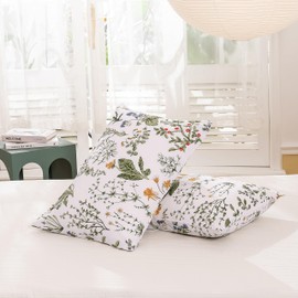 ECOCOTT Pillowcase 2 Pack Queen Size - Green Botanical Floral Pillow Cases, 100% Washed Cotton Pillow Cover with Envelope Closure (Queen, 20"x30")