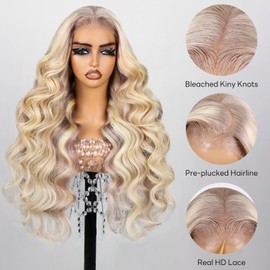 SUPERLOOK P10/613 Blonde Wig Human Hair 5x6 Wear and Go Glueless Wigs Human Hair 240% Density Highlight Closure Wig New Body Wave Wig Pre Cut Lace Bleached Knots (22inch, 5X6 New Body Wave)