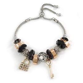 Avalaya Trendy Glass, Crystal, Metal Bead Charm Chain Bracelet In Silver Tone (Gold/Black/Silver) - 15cm L/ 3cm Ext