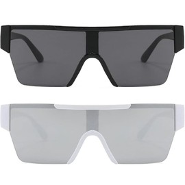 Oversized Flat Top Shield Sunglasses for Women Men–Rimless Square Fashion Shades UV400 Protection Large Wrap Style 8076 Black+Silver