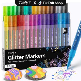 [JusArt] 32/24/16 Colors Glitter Markers Pen, Glitter Paint Pens, 0.7mm Fine Point Tip Metallic Shimmer Marker, Water-based Ink for Kids Adults DIY Crafts Greeting Birthday Cards Present Doodle Drawing Supplies, pen, markers, acrylic markers:_16 Colors