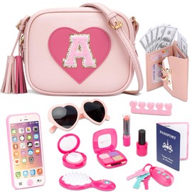 CBEE Little Girls Pretend Play Purse for 3-6 Years Old, Kids Toy Set with Crossbody Bag, Wallet, Makeup, Phone,Keys, Birthday for 3.4.5.6 Year Old Toddler (A)