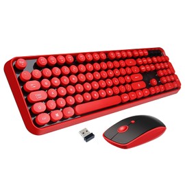 Wireless Keyboard Mouse Combo,2.4GHz Waterproof Keyboard with Round Retro Style Red Key and Optical Wireless Gaming Mouse with 3 Adjustable DPI, Compatible with PC, Computer, Laptop, Desktop, Note-Red