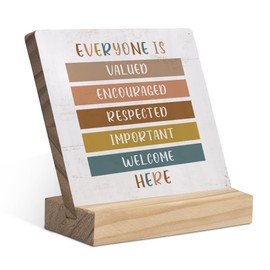 Everyone is Welcome Here Boho Wood Plaque with Wooden Stand,Inspirational Diversity Quotes Wooden Plaque Sign Desk Decor for Home Kids Room Classroom School Counseling Office Table Shelf Decoration