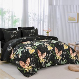 Menghomeus Black Comforter Set Queen 7 Piece Bed in a Bag Flowers Leaves Pattern Comforter Set Botanical Comforter with Sheets Set, Soft Microfiber Bedding Set for All Season