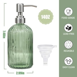 14Oz Green Soap Dispenser Bathroom, Clear Glass Hand Soap Dispensers with Stainless Steel Pump, Refillable Dish Soap Dispenser with Funnel for Kitchen, Countertop Soap Dispensers