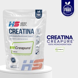 HS HERO SPORT Creatina Monohidratada Micronizada Creapure® 450g. 100% Pura. Creatina Alemana Creapure®. Vegana, 160 porciones, 5g por porción, Pre Entreno con Scoop. Pure. Proven. Perfect.