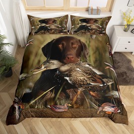 Duck Hunting Bedding Dog Hunter Comforter Cover for Kids Boy Girl Wild Animal Mallard Duck Print Duvet Cover Hunting and Fishing Farmhouse Theme Bedspread Wildlife Flying Duck Bedding Queen Size 3 Pcs