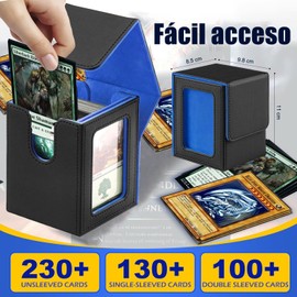 LEKOU Caja de Cartas para MTG Commander, MTG Deck Box con Escaparate Commander, Caja de Almacenamiento para Tarjetas Mágicas Visualización con Forro Suave para 100 Tarjetas de Doble Manga (Negro/Azul)