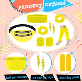 80s Neon Workout Costume Accessories Set 10 PCS Leg Warmers for Women 80s Headband Wristband Fanny Pack for Yoga Running (Yellow)