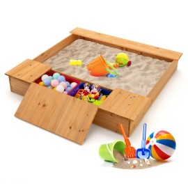Costway Kids Outdoor Wooden Play Sandbox Toy with Bench Seats and 2 Side Storage Boxes