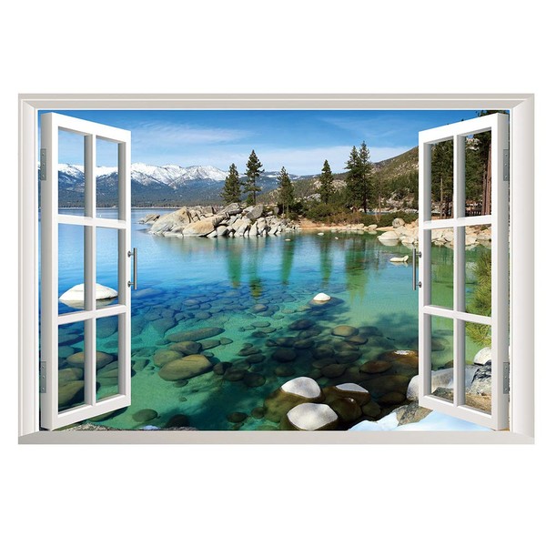 Lichi 3D Fake Window Wall Sticker of Lake View Peaceful Mountain Scenery View Mural Decal for Home Decoration