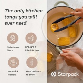 StarPack Premium Silicone Kitchen Tongs 9-Inch - Stainless Steel with Non-Stick Silicone Tips, High Heat Resistant to 600°F, For Cooking, Serving, Grill, BBQ & Salad (Gray Black)