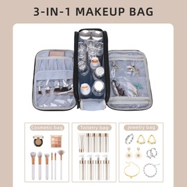 FCQQYWZ Toiletry Bags for Traveling Women with Jewelry Organizer, Travel Cosmetic Makeup Bag with Zipper, Portable Makeup Bag with Brush Compartment & Handle, Leather Makeup Cases Storage-Black