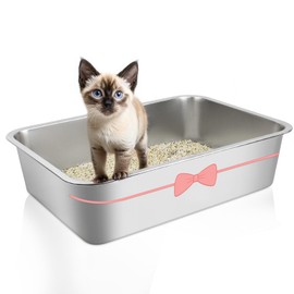 PWTAA Stainless Steel Cat Litter Box, High Side Cats Toilet Metal Litter Box, Pet Cleaning Tool for Cats, Rabbits, Splash-Proof and Non-Stick Cat Poop Box odorless, Pink Bow 15.7" x 11.8" x 3.9"