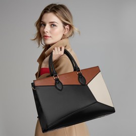 LOVEVOOK Laptop Bag for Women,17 lnch Waterproof Lightweight Leather Tote Bag,Professional Business Office Work Bags with Clutch Purse,Large Capacity Computer Shoulder Handbag,Black-White-Brown