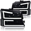 LED DRL Headlights Assembly Compatible with Chevy Silverado Avalanche 2003-2006 1500 2500 3500&HD Driver and Passenger Side, Smoky lens Black Housing Clear Reflector
