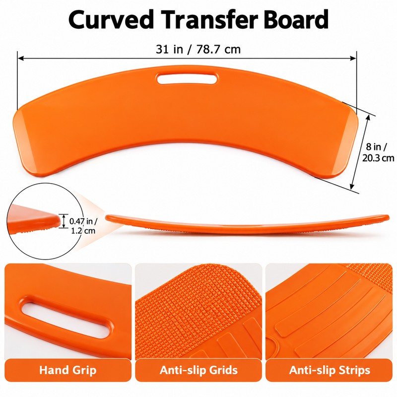 Curved Patient Transfer Board with Anti-Slip Back, Hand Grip and