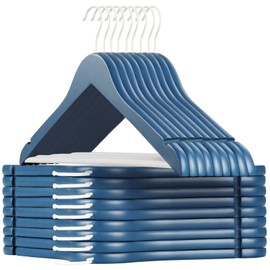 TOPIA HANGER Premium Wooden Hangers with Non-slip Pant Bar, 360°Swivel Hook and Shoulder Notches, 16 Pack Solid Wood Clothes Hangers for Suit, Coat, Jacket, Camisole(Blue/White)-CT35BW1